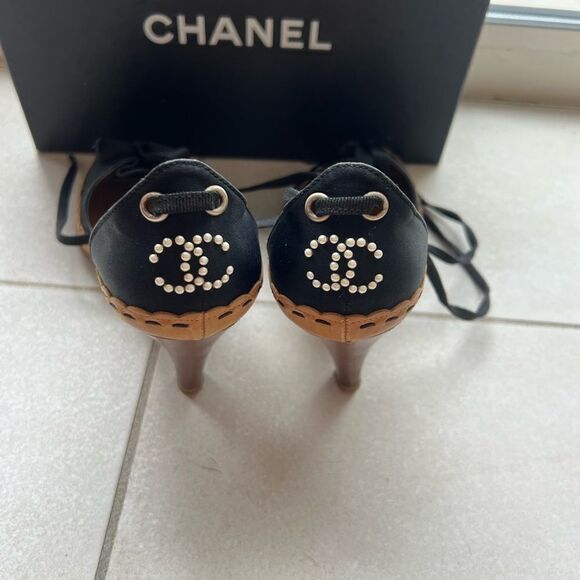 CHANEL Black Satin D'Orsay Sandals Interlocking Pearl CC Logo Lace Up 38 - Picture 9 of 14